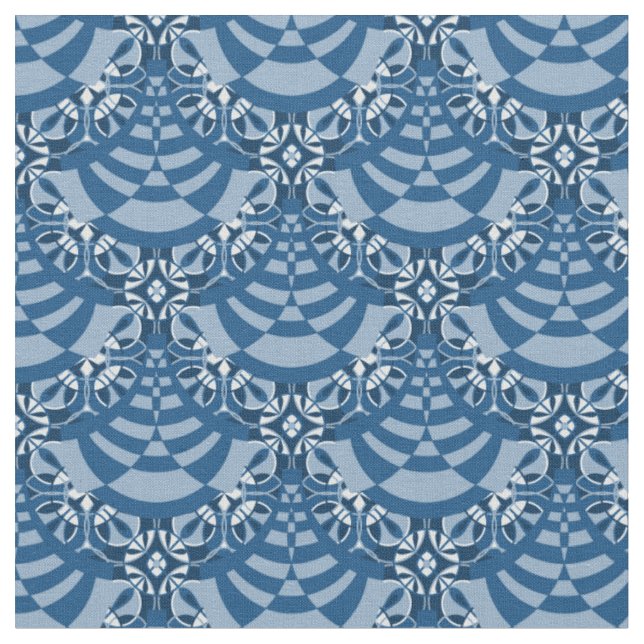 Blue Modern Deco Large Repeat Pattern Fabric (Close Up)
