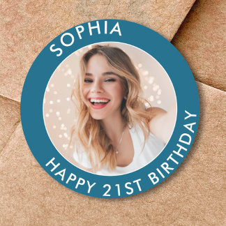 Blue Modern Elegant Happy 21st Birthday Photo Classic Round Sticker