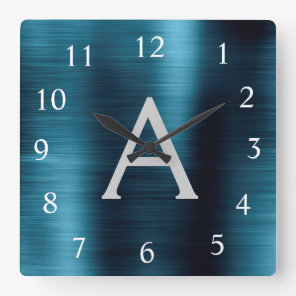 Blue Modern Elegant Metallic Monogram Name Square Wall Clock