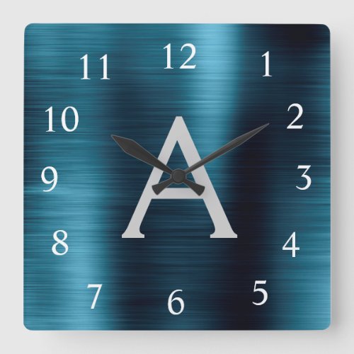 Blue Modern Elegant Metallic Monogram Name Square Wall Clock