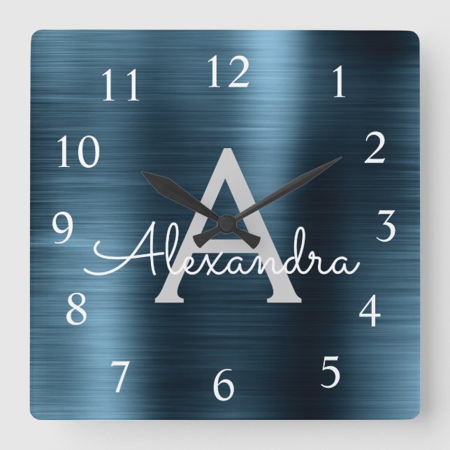 Blue Modern Elegant Metallic Monogram Name Square Wall Clock (Front)