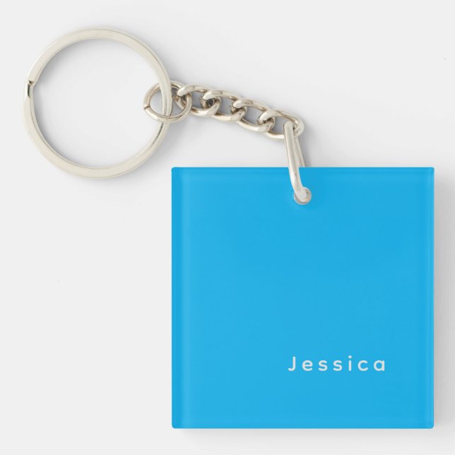 Blue Modern Elegant Plain Simple Professional Name Keychain (Front)
