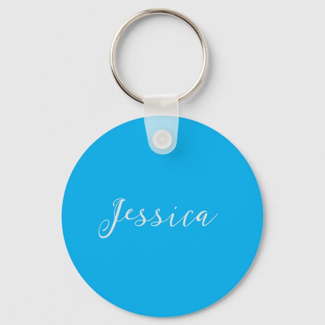 Blue Modern Elegant Plain Simple Professional Name Keychain (Front)