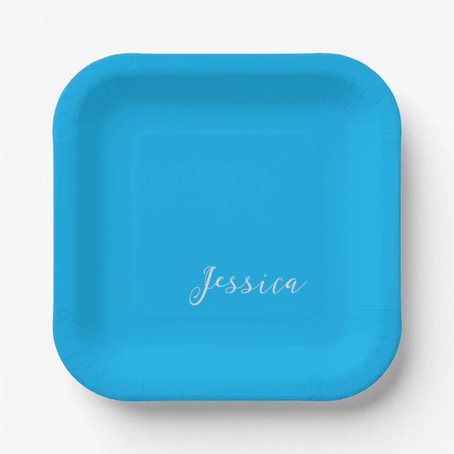 Blue Modern Elegant Plain Simple Professional Name Paper Plates (Front)