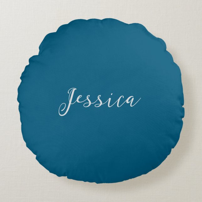Blue Modern Elegant Plain Simple Professional Name Round Pillow (Front)