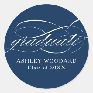 Blue Modern Elegant Script Graduation Classic Round Sticker