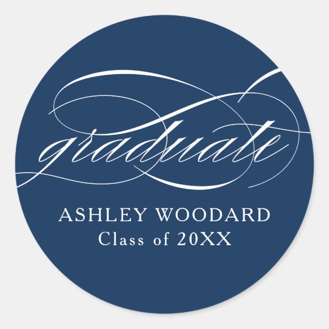 Blue Modern Elegant Script Graduation Classic Round Sticker (Front)