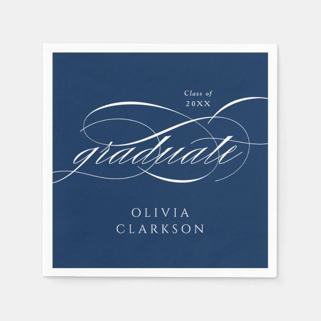 Blue Modern Elegant Script Graduation Party Napkins (Front)