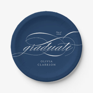 Blue Modern Elegant Script Graduation Party Paper Plates