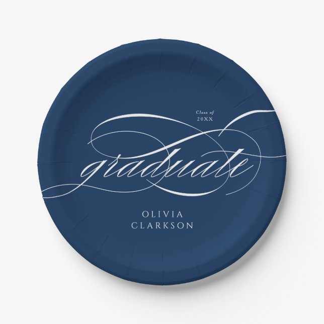 Blue Modern Elegant Script Graduation Party Paper Plates (Front)
