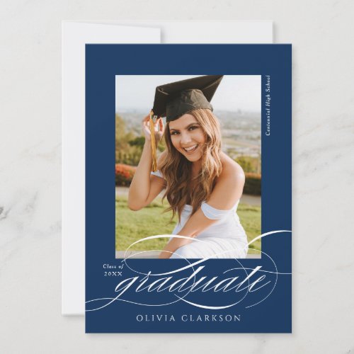 Blue Modern Elegant Script Photo Graduation Announcement