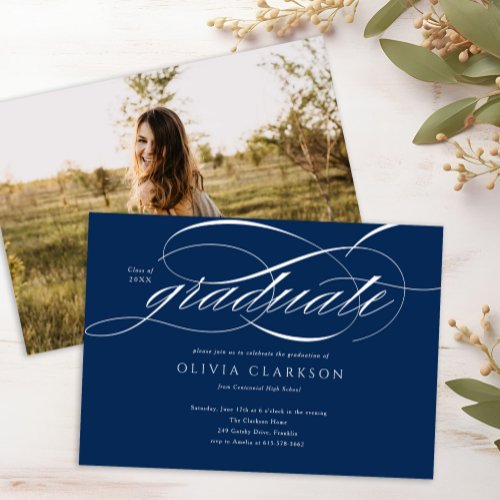 Blue Modern Elegant Script Photo Graduation Party Invitation