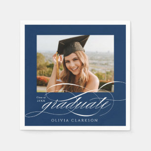 Blue Modern Elegant Script Photo Graduation Party Napkins