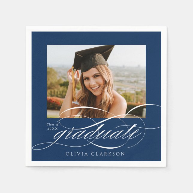 Blue Modern Elegant Script Photo Graduation Party Napkins (Front)