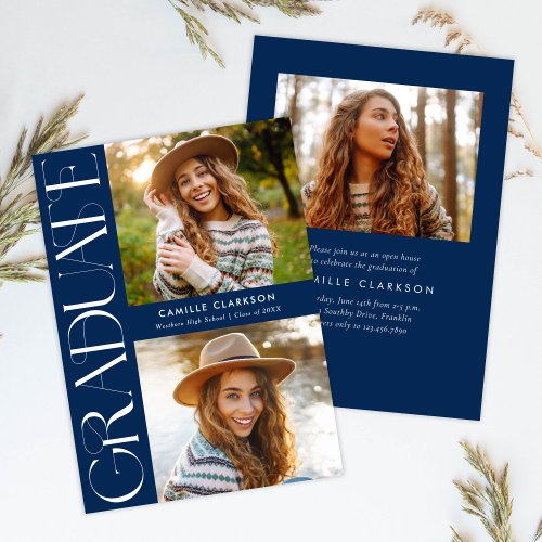 Blue Modern Elegant Three Photo Graduation Invitation