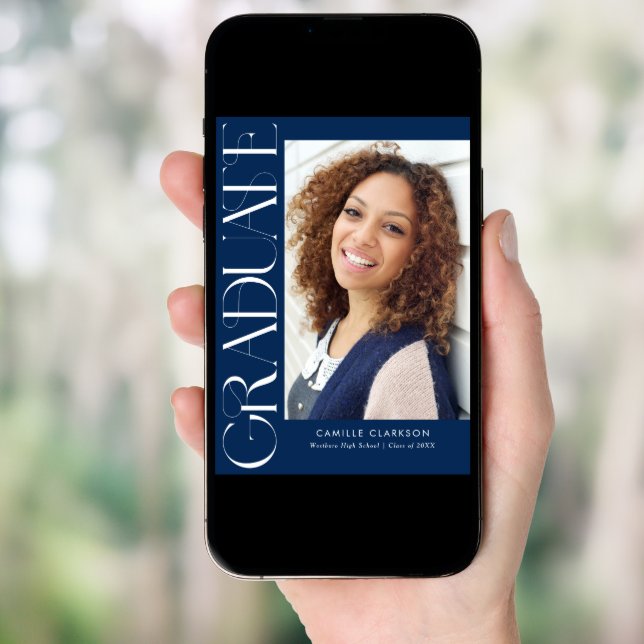 Blue Modern Elegant Vertical Two Photo Graduation Invitation (Front Digital)