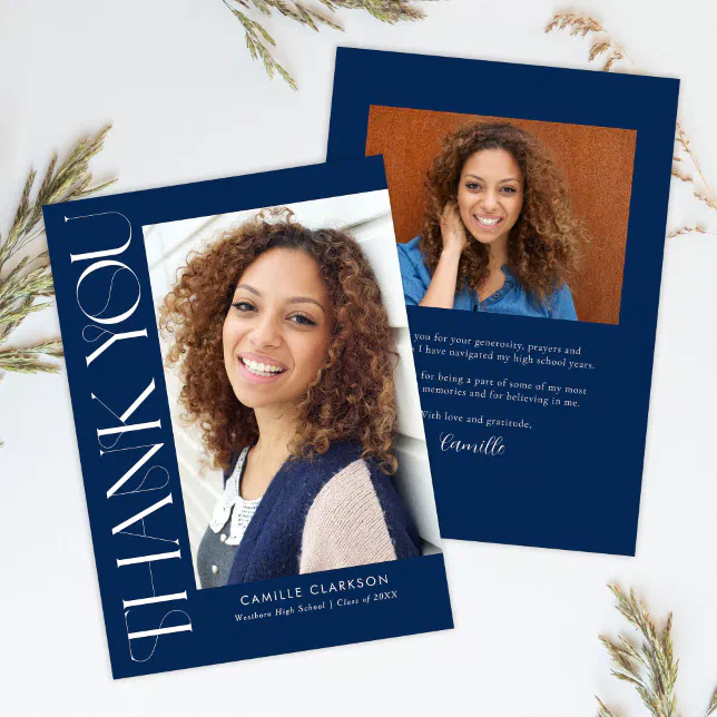 Blue Modern Elegant Vertical Two Photo Graduation Thank You Card | Zazzle