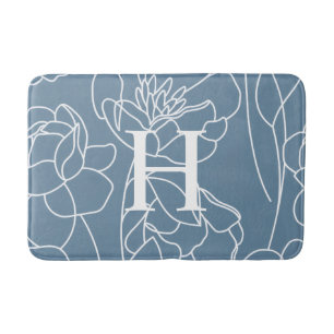 Blue Modern Elegant Wildflower Monogram Bath Mat