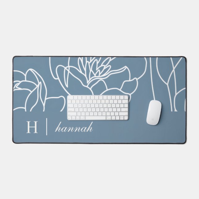 Blue Modern Elegant Wildflower Monogram Name Desk Mat (Keyboard & Mouse)