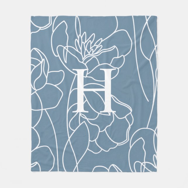 Blue Modern Elegant Wildflower Monogram Name Fleece Blanket (Front)