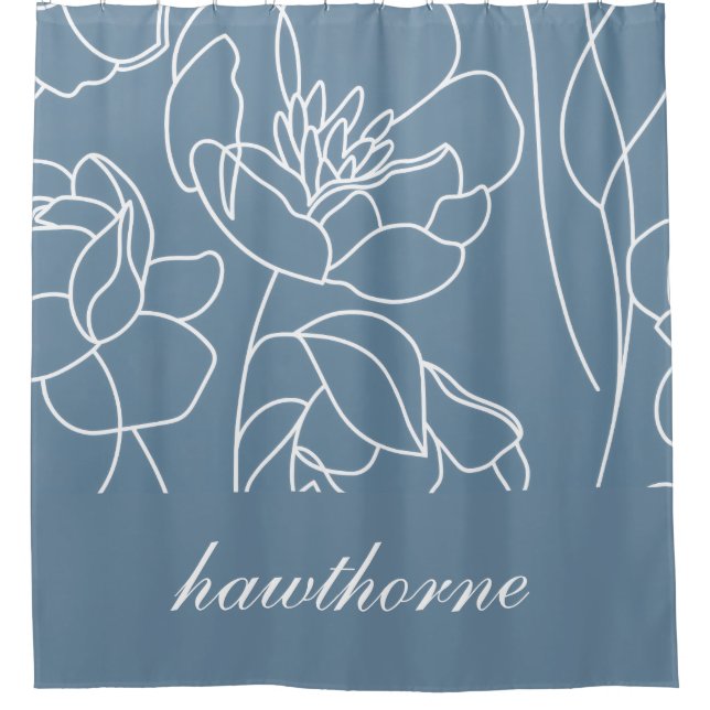 Blue Modern Elegant Wildflower Monogram Name Shower Curtain (Front)