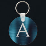 Blue Modern Faux Stainless Steel Monogram Keychain<br><div class="desc">Modern and Elegant Blue Faux Stainless Steel Metallic Elegant Keychain. These Keychains can be customized to include your initial and first name. These key chains make great birthday,  bridal shower or bachelorette party favors.</div>