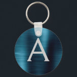 Blue Modern Faux Stainless Steel Monogram Keychain<br><div class="desc">Modern and Elegant Blue Faux Stainless Steel Metallic Elegant Keychain. These Keychains can be customized to include your initial and first name. These key chains make great birthday,  bridal shower or bachelorette party favors.</div>