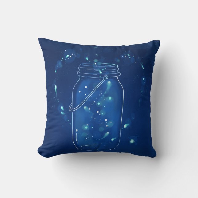 Blue Modern Firefly Love Jar Throw Pillow (Front)