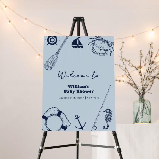 Blue Modern Fishing Boy Baby Shower  Welcome Sign (In Situ (Stand))