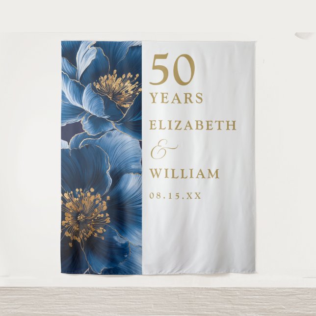 Blue Modern Floral 50th Anniversary Photo Backdrop (Front)
