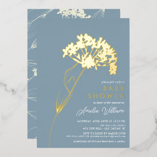 Blue Modern Floral Baby Shower Foil Invitation