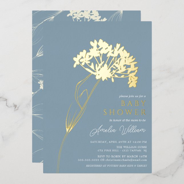 Blue Modern Floral Baby Shower Foil Invitation (Front/Back)
