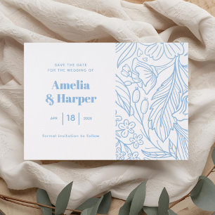 Blue   Modern Floral Save the Date  Letterpress Photo Cards