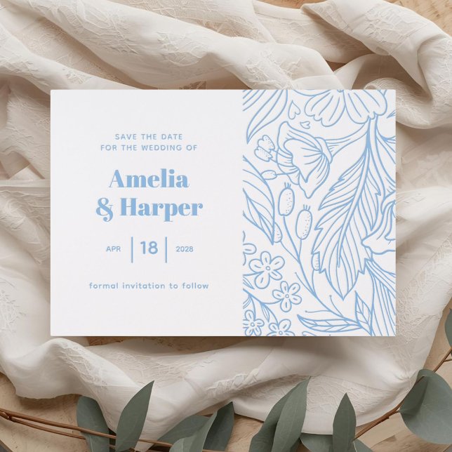 Blue | Modern Floral Save the Date  Letterpress Photo Cards (Creator Uploaded)