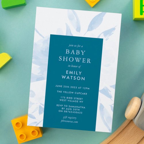 Blue Modern Floral Watercolor Baby Shower Invitation