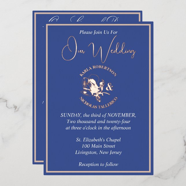 Blue Modern Floral Wedding Rose Gold Foil Invitation (Front/Back)