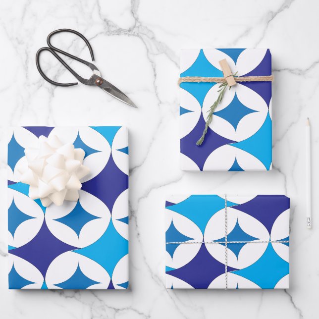 Blue Modern Geometric Wrapping Paper Sheets (Front)