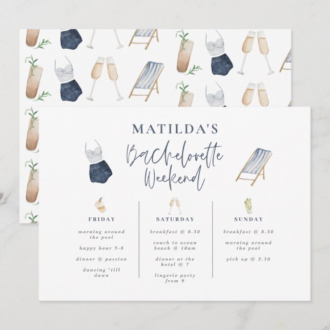 Blue modern girly bachelorette weekend itinerary (Front/Back)