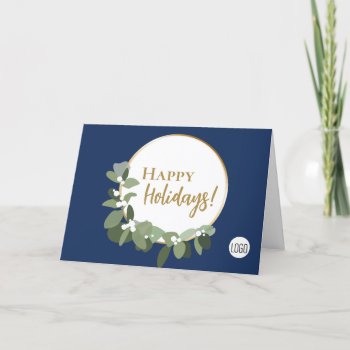 Blue Modern Gold Script Happy Holidays Custom Logo Holiday Card by Lorena_Depante at Zazzle