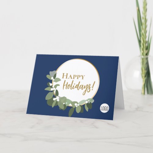 Blue Modern Gold Script Happy Holidays Custom Logo Holiday Card