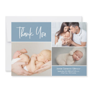 Blue Modern Handlettering Baby Photo Collage  Thank You Card