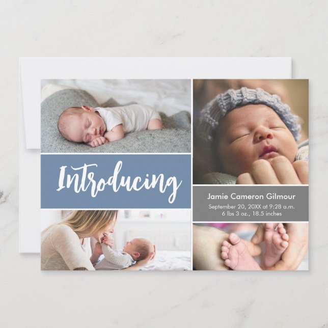 Blue Modern Handlettering Photo Collage Baby Boy Thank You Card (Front)