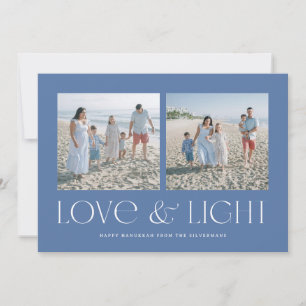 Blue Modern Hanukkah Love & Light 2-Photo Holiday Card