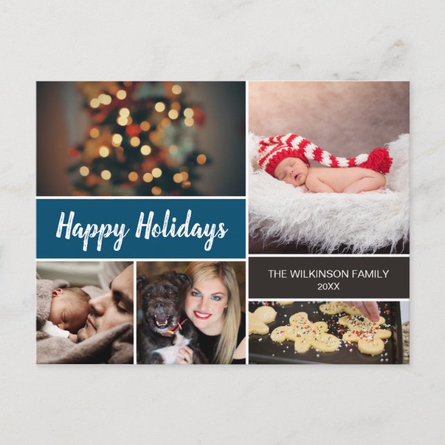Blue Modern Happy Holidays Photo Collage Christmas Holiday Postcard (Front)