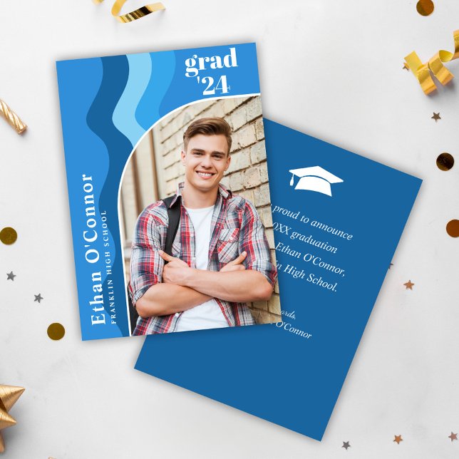 Blue Modern High School Graduate Photo Graduation Announcement (Blue Modern Graduate Photo Arch Graduation Announcement)