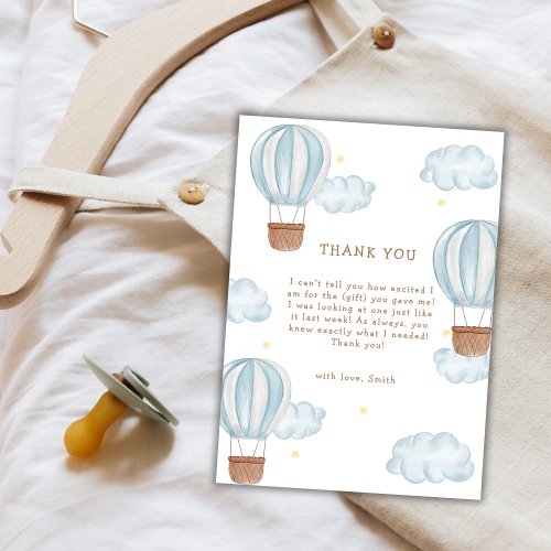 Blue Modern Hot Air Balloon Cloud Boy Baby Shower Thank You Card