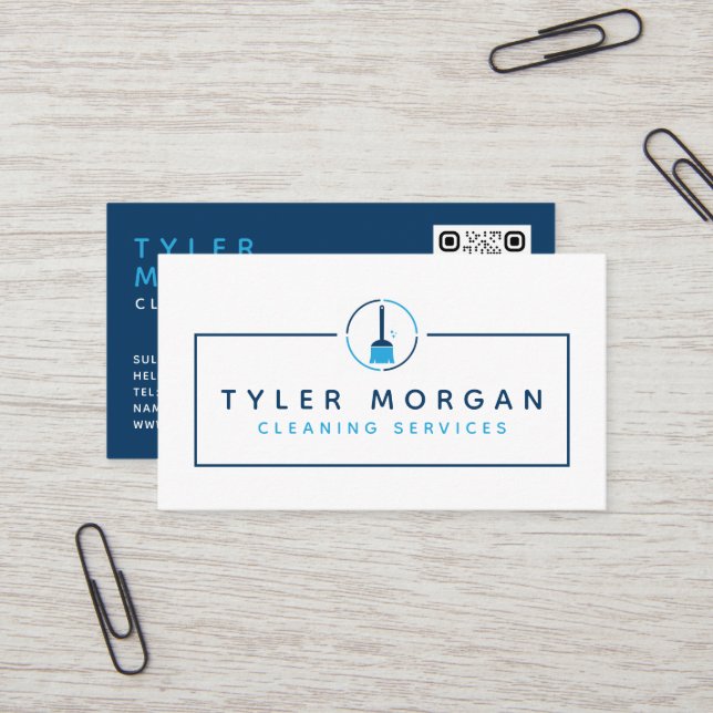 Blue Modern Logo Cleaning Services Business Card (Front/Back In Situ)