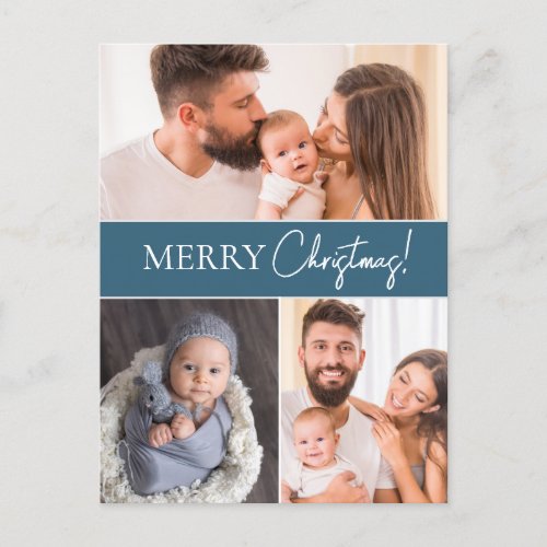 Blue Modern Merry Christmas Multiple Family photos Holiday Postcard