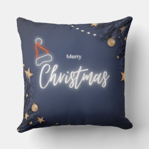 Blue Modern Merry Christmas Throw Pillow