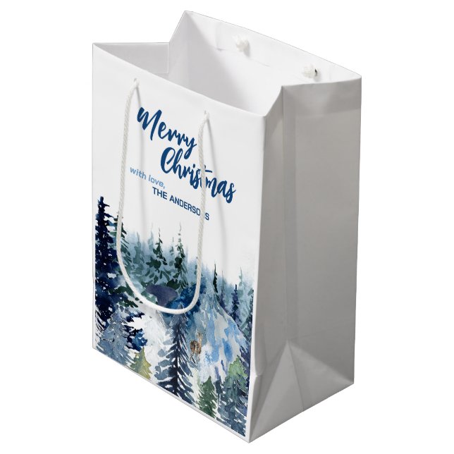 Blue Modern Merry xmas trees forest raindeer  Medium Gift Bag (Front Angled)